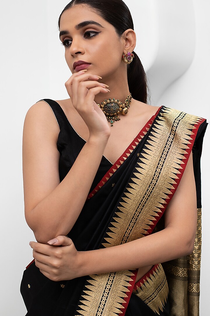 Black Pure Katan Silk Handloom Banarasi Wedding Saree by Devissha at Pernia's Pop Up Shop