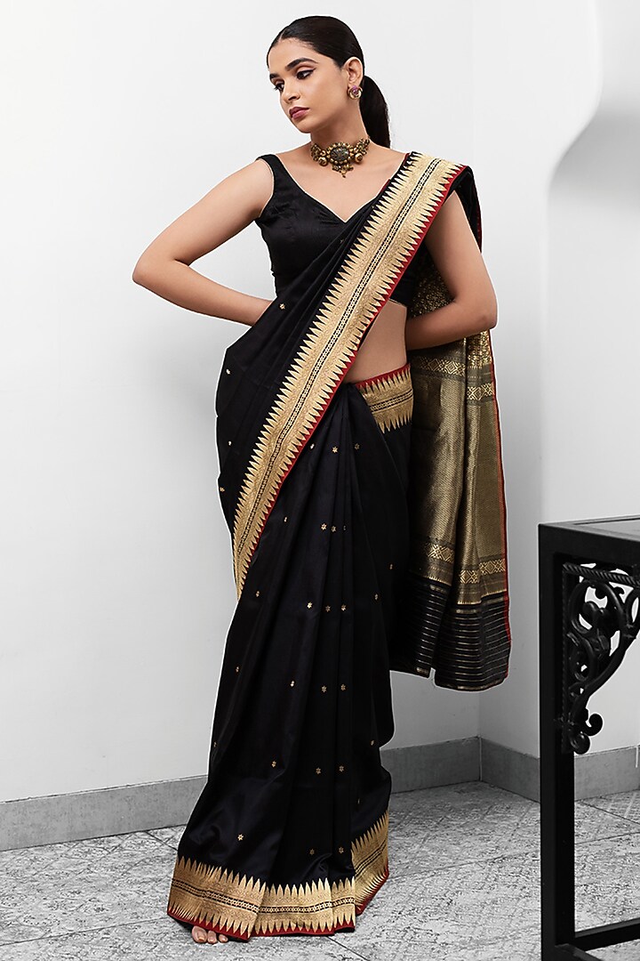 Black Pure Katan Silk Handloom Banarasi Wedding Saree by Devissha at Pernia's Pop Up Shop