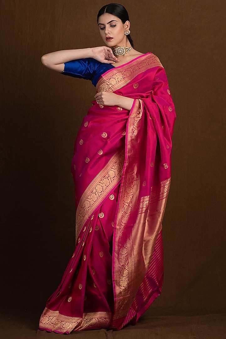 Deep Pink Pure Katan Silk Handloom Banarasi Saree with chand tara Booti by Devissha