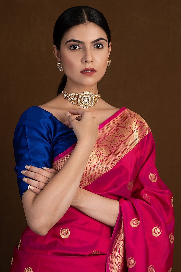 Deep Pink Pure Katan Silk Handloom Banarasi Saree with chand tara