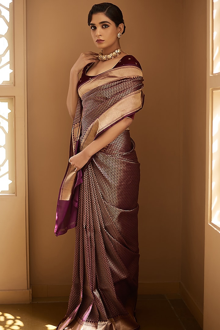 Deep Purple Pure Katan Silk Handloom Banarasi Jaal Printed Saree by Devissha