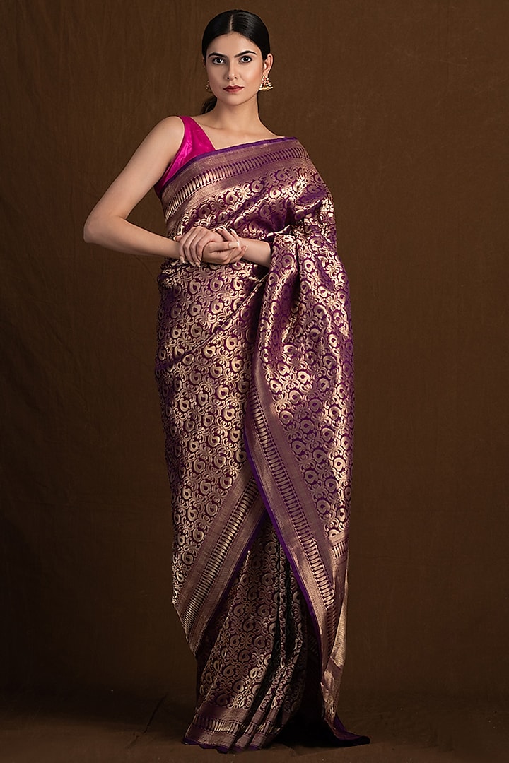 Deep Purple Pure Katan Silk Handloom Banarasi Jaal Printed Saree by Devissha