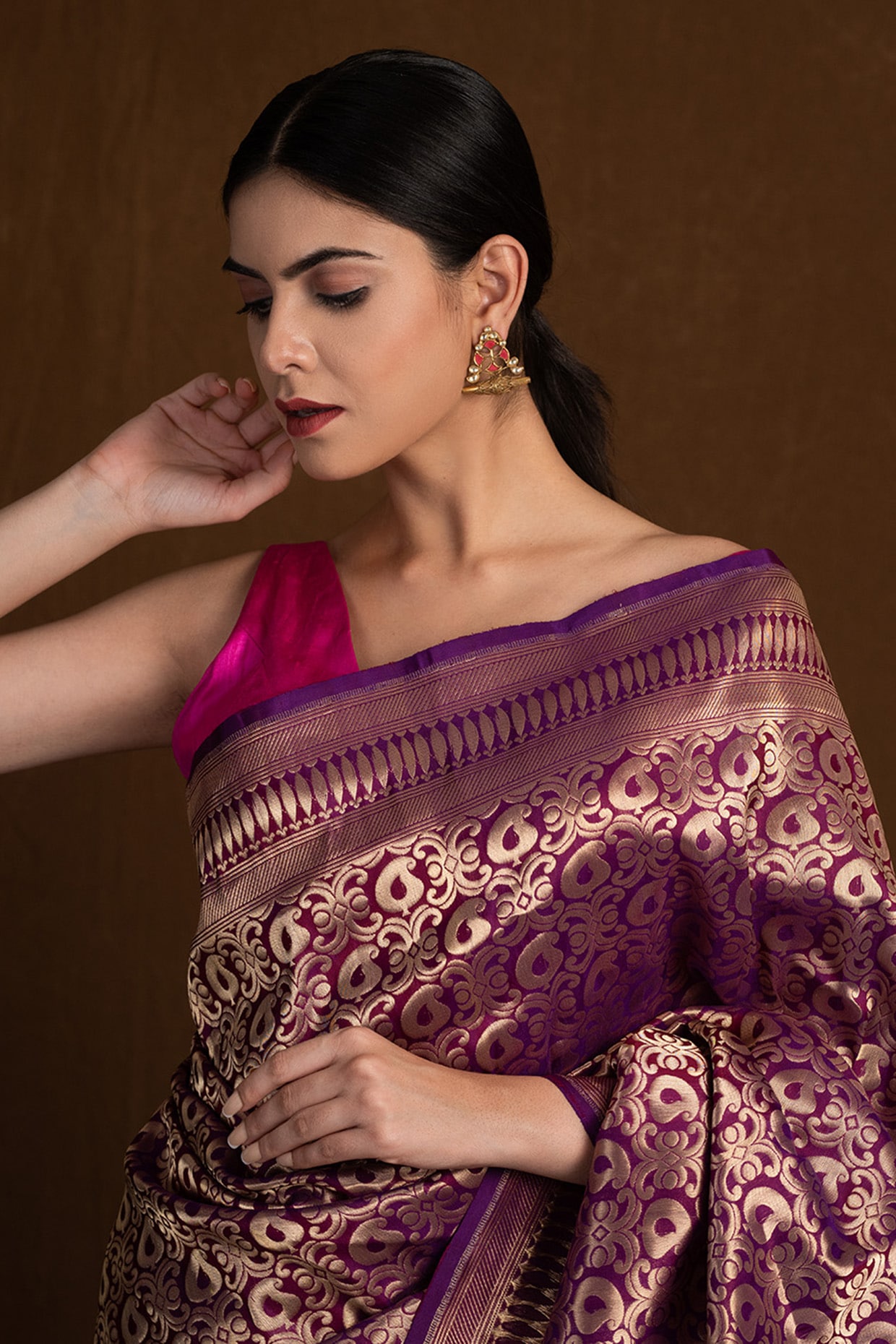 Buy Purple Satin Chinon Saree With Stone Embellishments And Unstitched  Blouse Piece