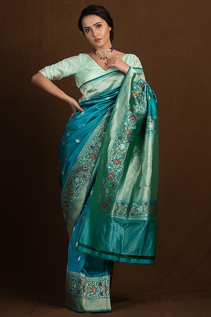 Firozi Pure Katan Silk Handloom Banarasi Butta Printed Saree by Devissha