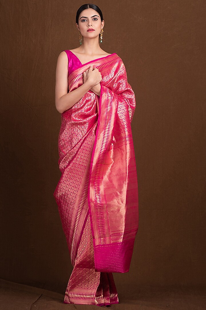 Fuchsia Pink Pure Katan Silk Handloom Banarasi by Devissha