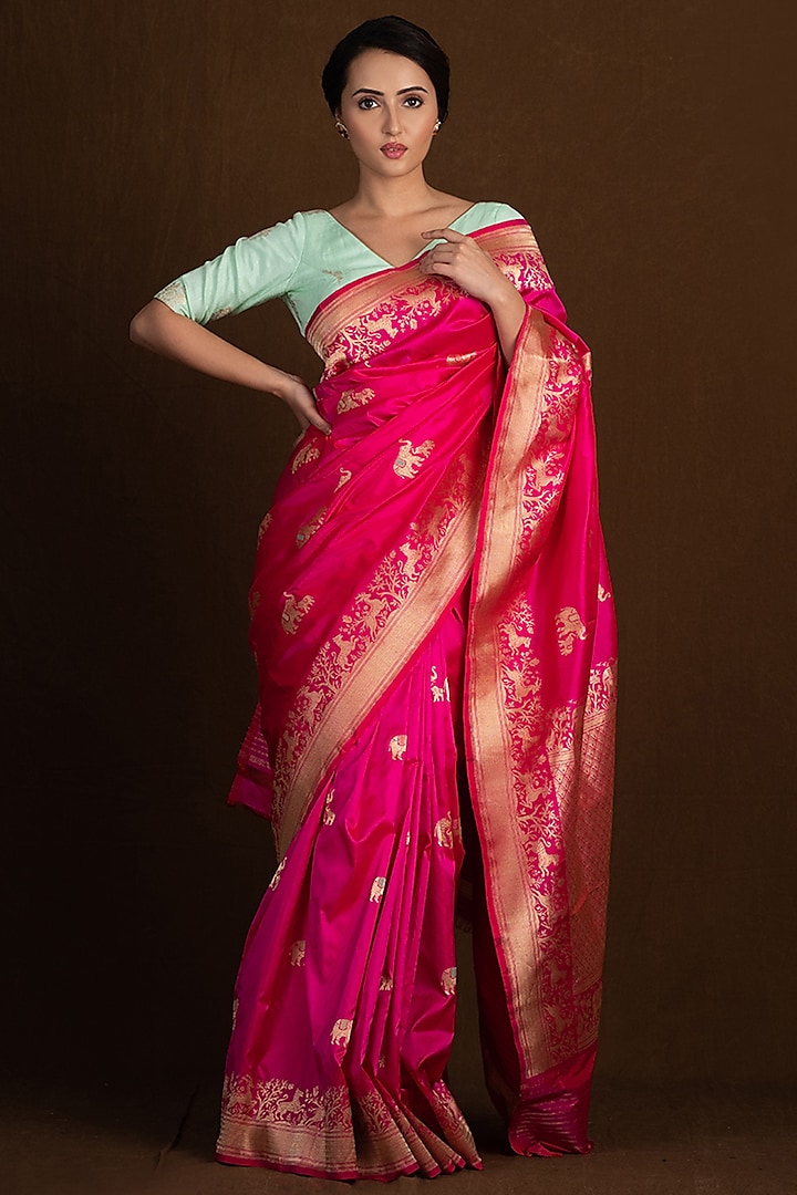 Fuchsia Pink Pure Katan Silk Handloom Banarasi Saree by Devissha
