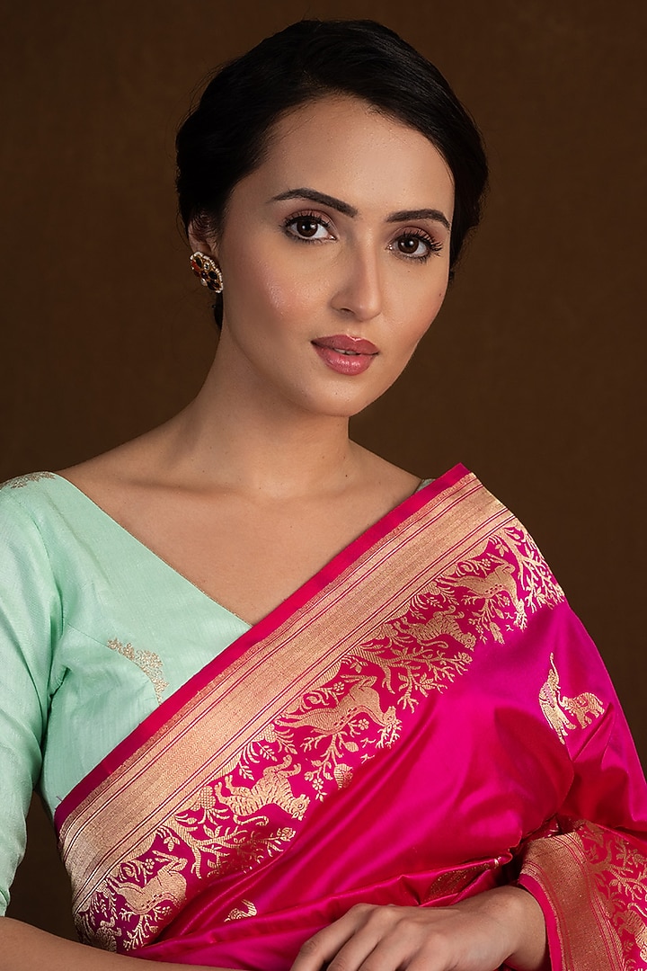 Fuchsia Pink Pure Katan Silk Handloom Banarasi Wedding Saree by Devissha at Pernia's Pop Up Shop