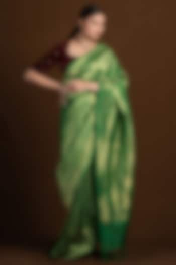 Green Katan Silk Jaal Printed Handloom Banarasi Saree  by Devissha