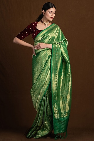 Green Katan Silk Jaal Printed Handloom Banarasi Saree  by Devissha
