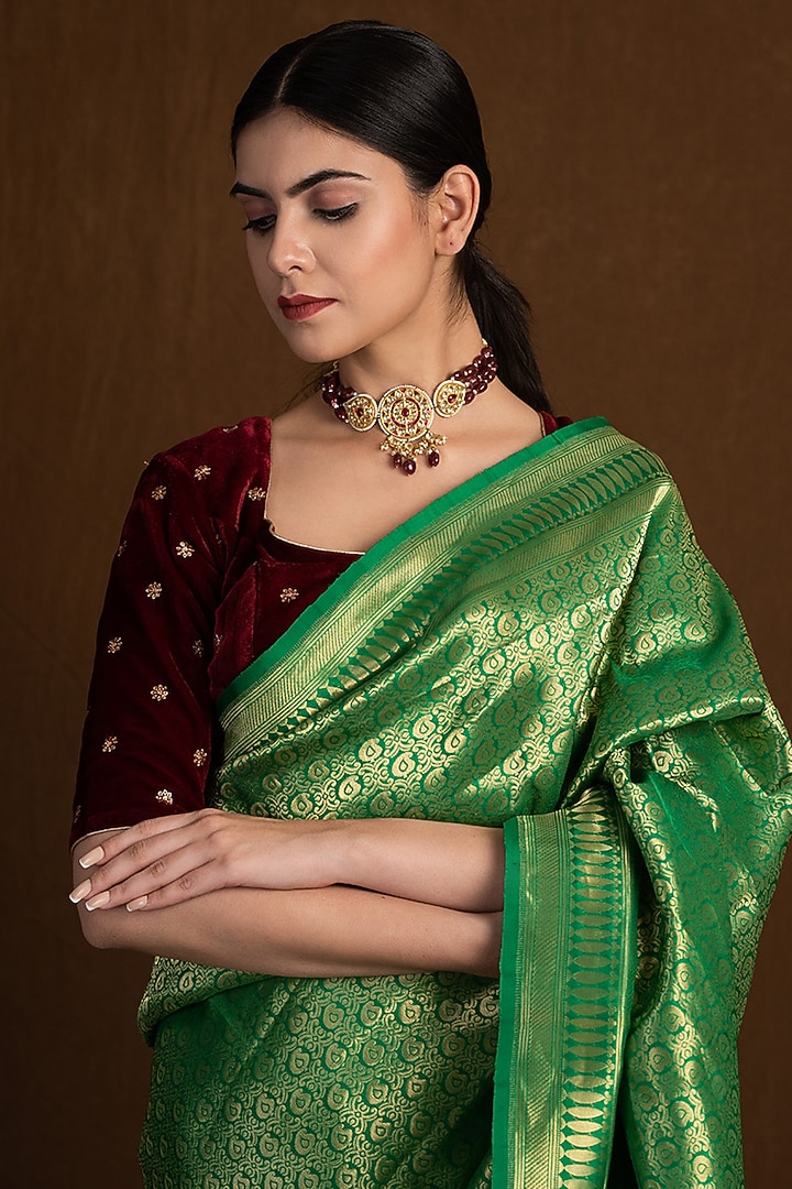 Green Katan Silk Jaal Printed Handloom Banarasi Wedding Saree  by Devissha at Pernia's Pop Up Shop