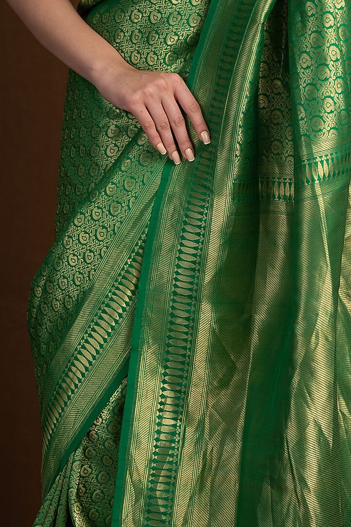 Green Katan Silk Jaal Printed Handloom Banarasi Wedding Saree  by Devissha at Pernia's Pop Up Shop