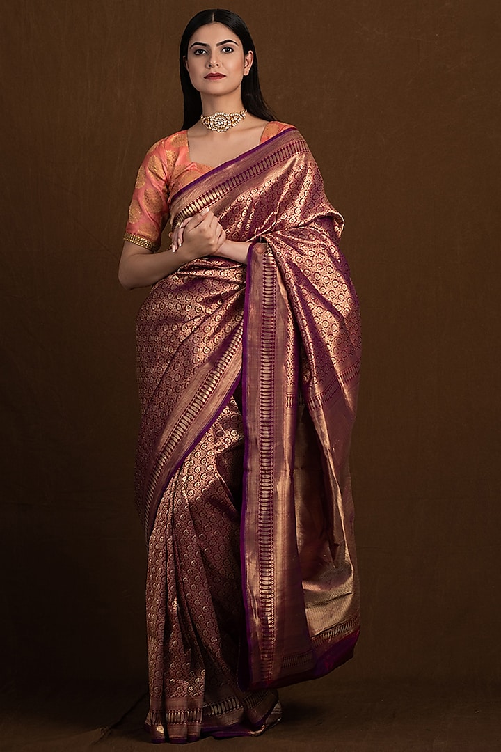 Magenta Pure Katan Silk Handloom Banarasi Jaal Printed Saree by Devissha