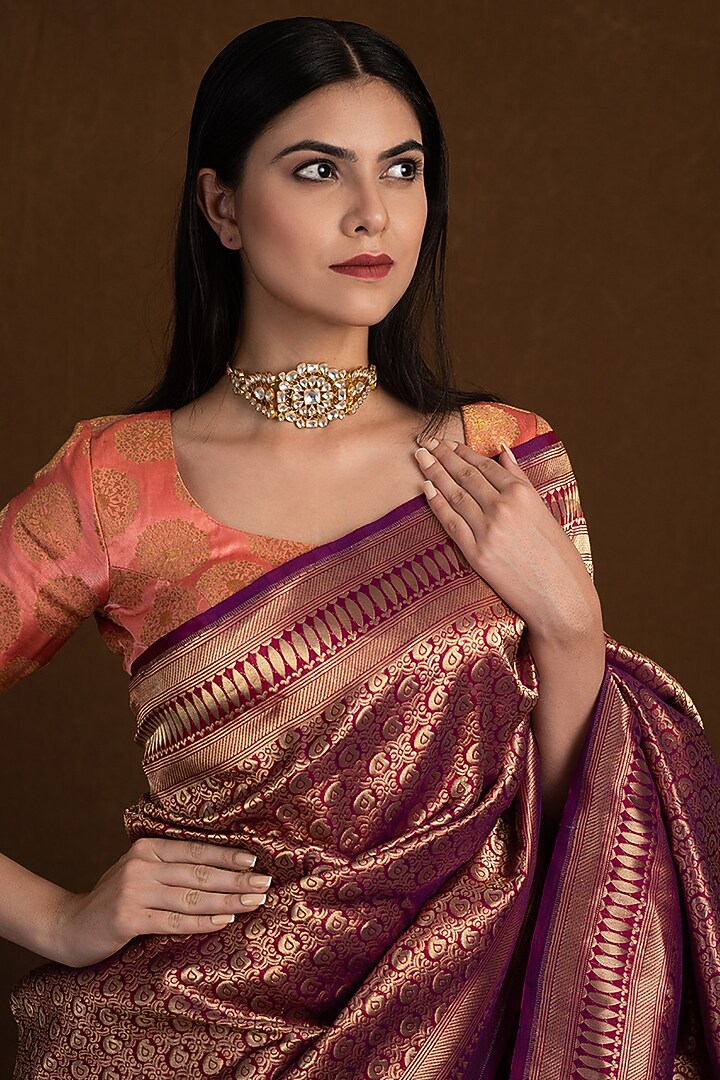Magenta Pure Katan Silk Handloom Banarasi Jaal Printed Wedding Saree by Devissha at Pernia's Pop Up Shop