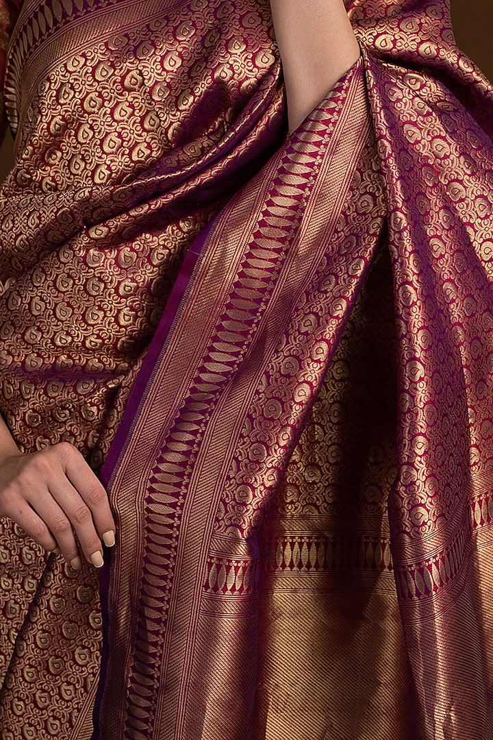 Magenta Pure Katan Silk Handloom Banarasi Jaal Printed Wedding Saree by Devissha at Pernia's Pop Up Shop