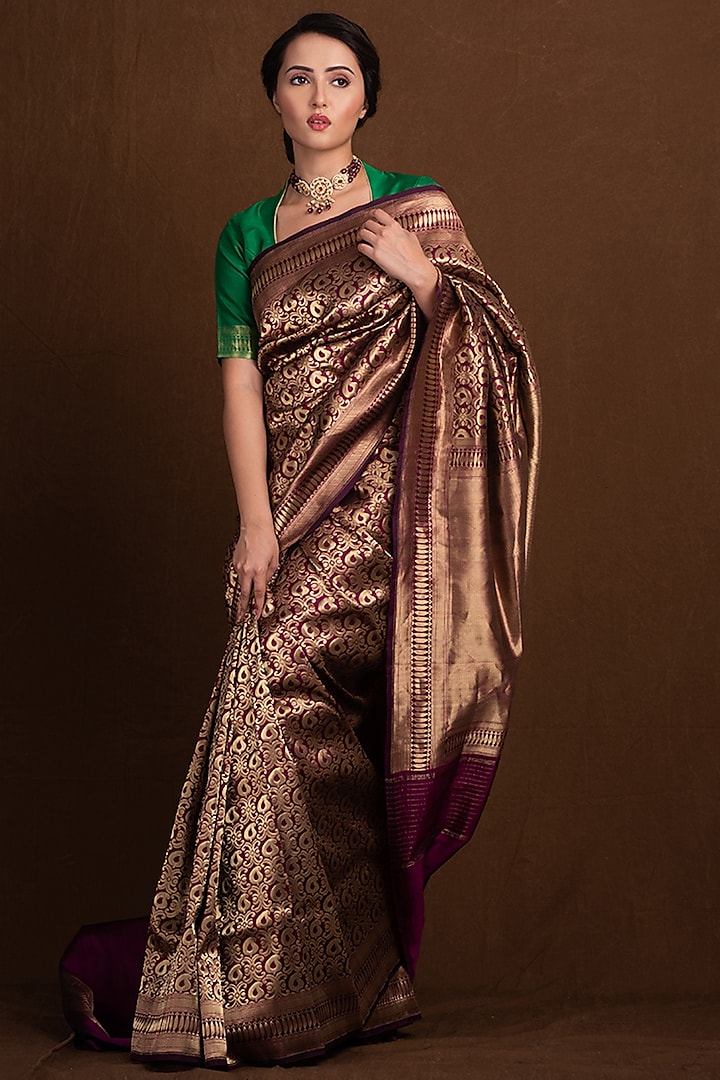 Magenta Pure Katan Silk Handloom Banarasi Jaal Printed Saree by Devissha