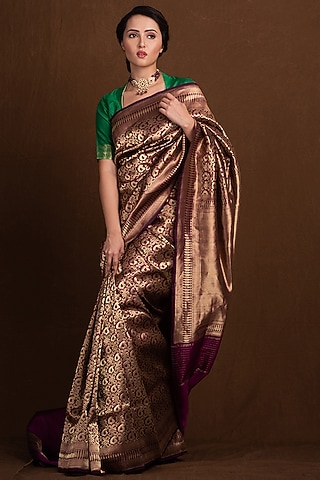 Magenta Pure Katan Silk Handloom Banarasi Jaal Printed Saree by Devissha