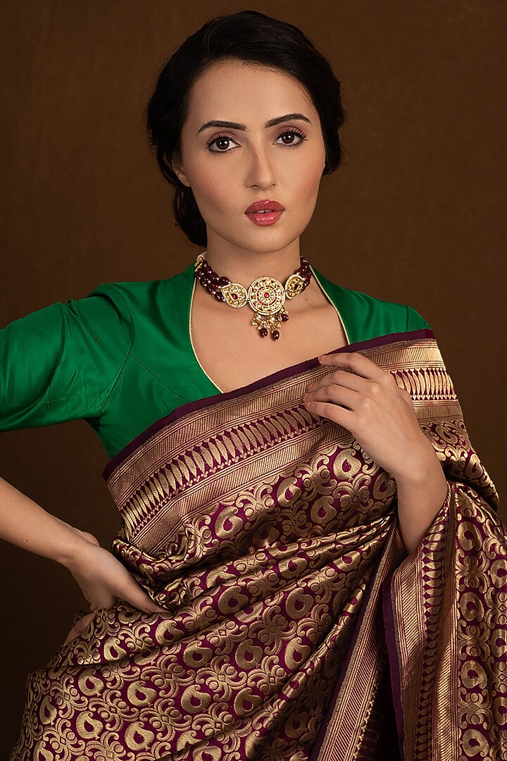 Magenta Pure Katan Silk Handloom Banarasi Jaal Printed Wedding Saree by Devissha at Pernia's Pop Up Shop