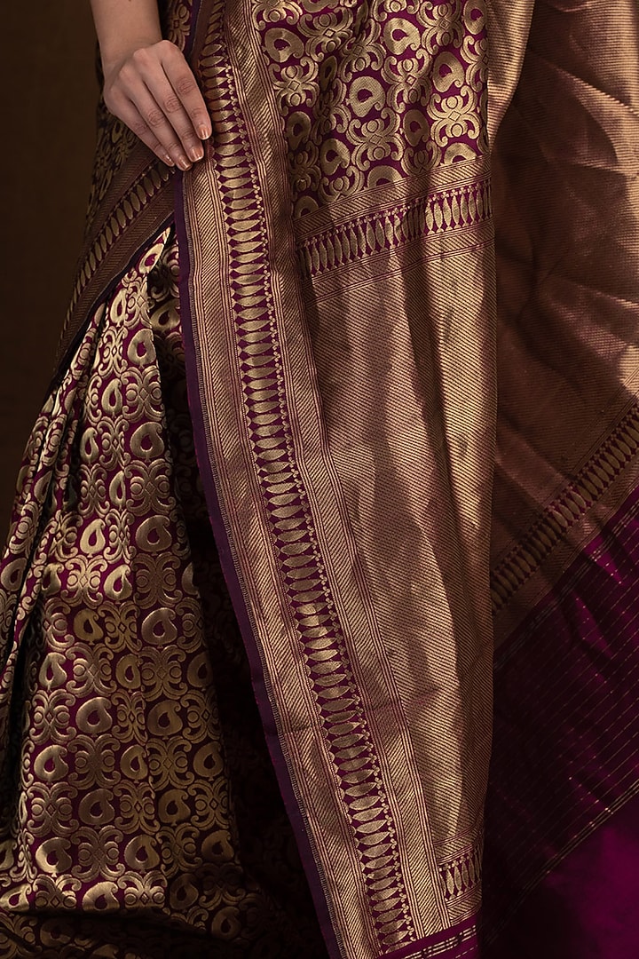 Magenta Pure Katan Silk Handloom Banarasi Jaal Printed Wedding Saree by Devissha at Pernia's Pop Up Shop