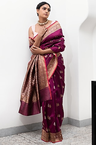 Magenta Pure Katan Silk Handloom Banarasi Saree by Devissha
