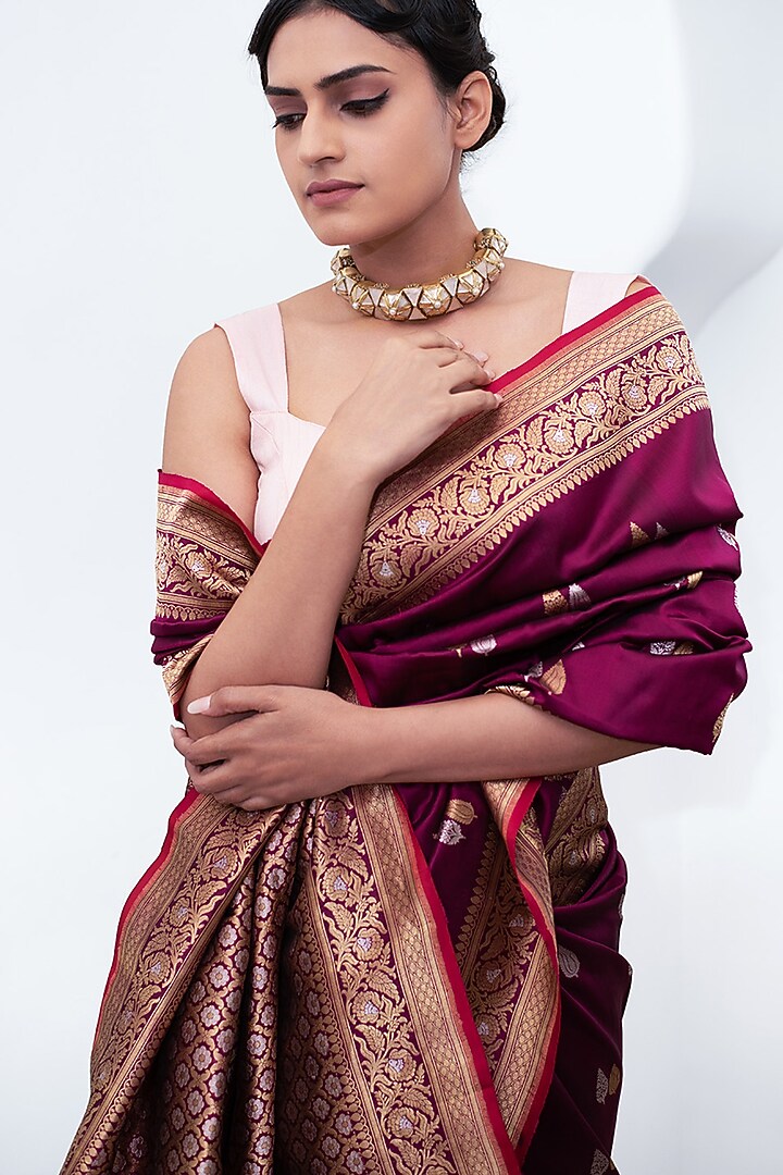 Magenta Pure Katan Silk Handloom Banarasi Wedding Saree by Devissha at Pernia's Pop Up Shop