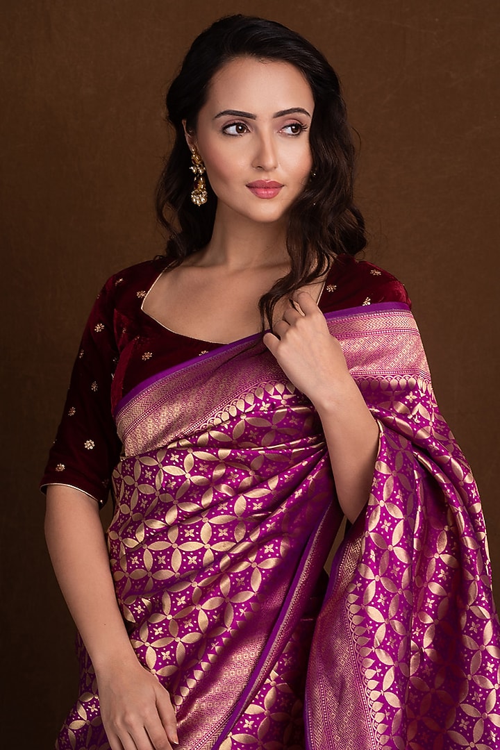 Magenta Pure Katan Silk Handloom Banarasi Wedding Saree by Devissha at Pernia's Pop Up Shop