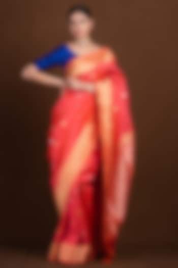 Orange Pink Banarasi Saree With Sona Rupa Chand Tara Booti by Devissha