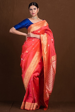 Orange Pink Banarasi Saree With Sona Rupa Chand Tara Booti by Devissha