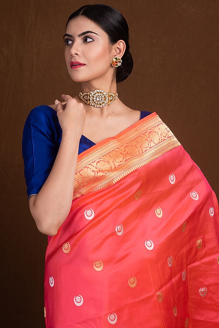 Orange Pink Banarasi Wedding Saree With Sona Rupa Chand Tara Booti by Devissha at Pernia's Pop Up Shop