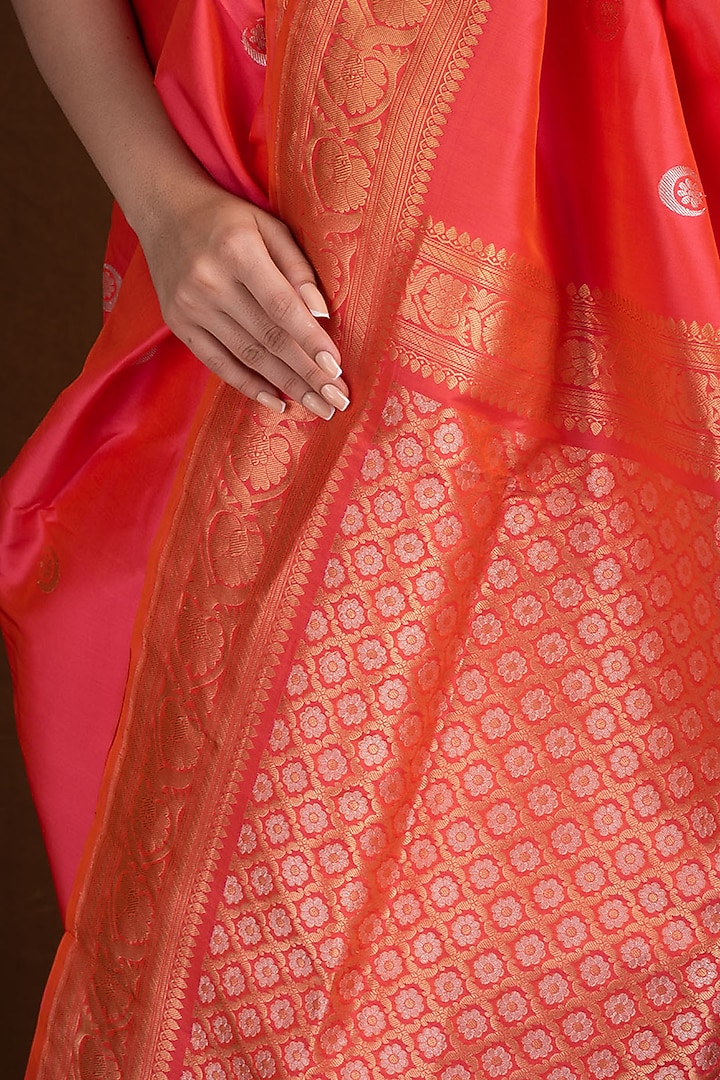 Orange Pink Banarasi Wedding Saree With Sona Rupa Chand Tara Booti by Devissha at Pernia's Pop Up Shop