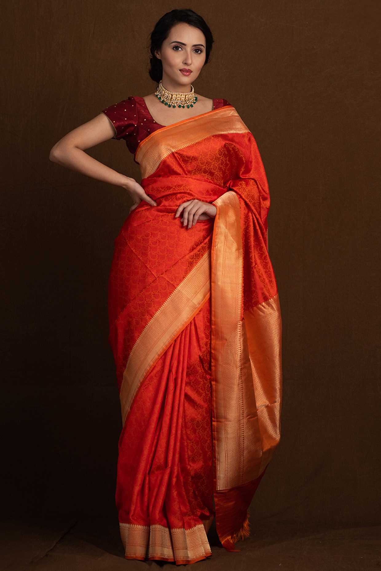 Deep Orange color Banarasi sarees with printed design -BANS0002219