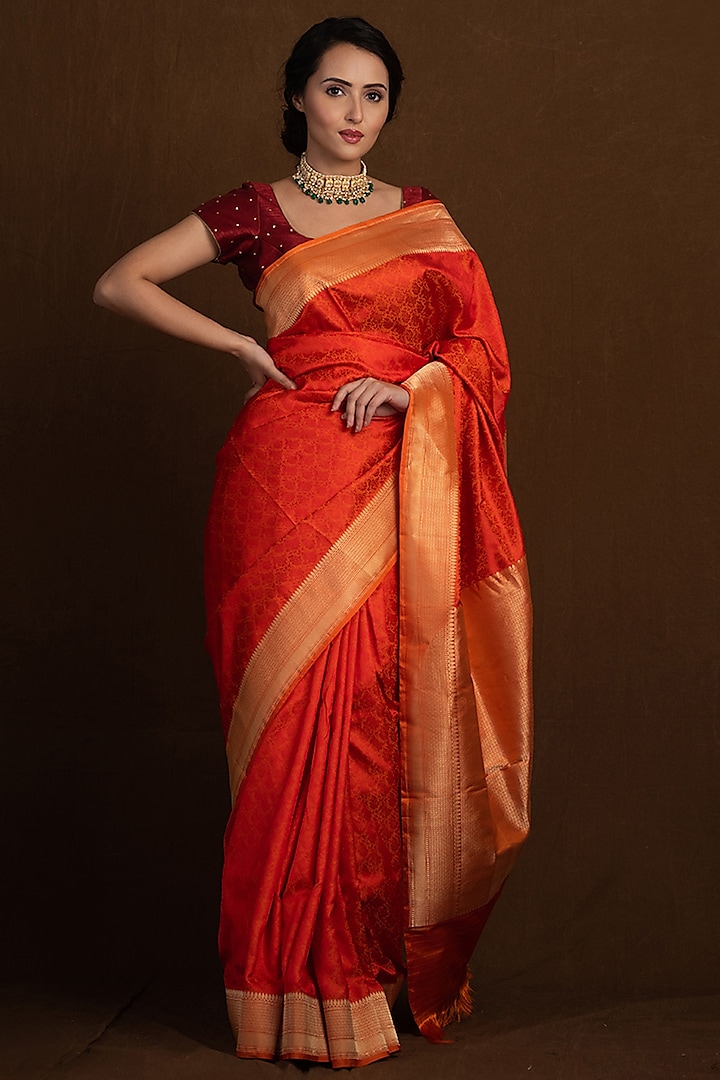 Orange Tanchoi Pure Katan Silk Handloom Banarasi Saree by Devissha