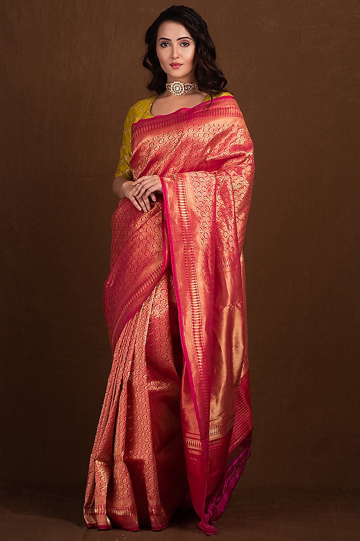 Pink Red Pure Katan Silk Handloom Banarasi Saree by Devissha