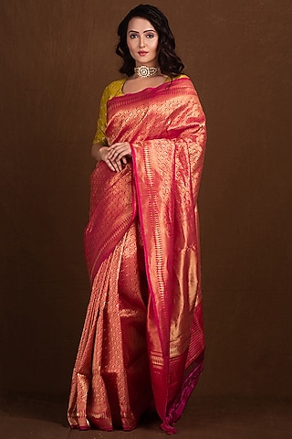 Pink Red Pure Katan Silk Handloom Banarasi Saree by Devissha