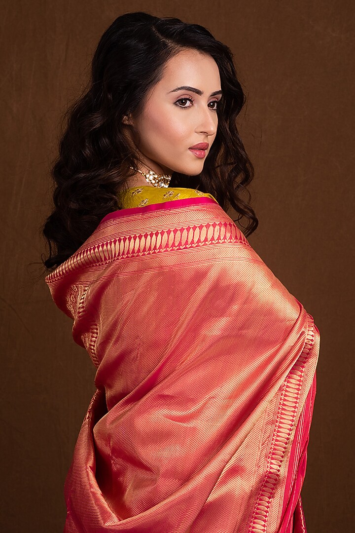 Pink Red Pure Katan Silk Handloom Banarasi Wedding Saree by Devissha at Pernia's Pop Up Shop