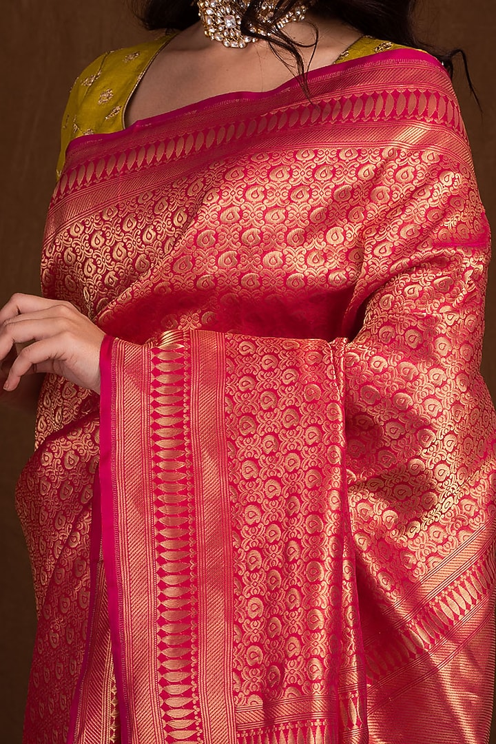Pink Red Pure Katan Silk Handloom Banarasi Wedding Saree by Devissha at Pernia's Pop Up Shop