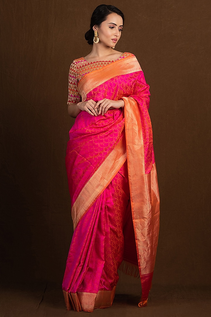 Pink Tanchoi Pure Katan Silk Handloom Banarasi Saree by Devissha