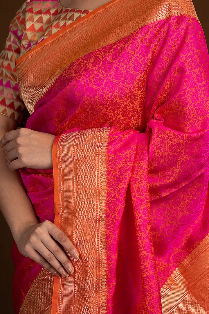 Pink Tanchoi Pure Katan Silk Handloom Banarasi Wedding Saree by Devissha at Pernia's Pop Up Shop