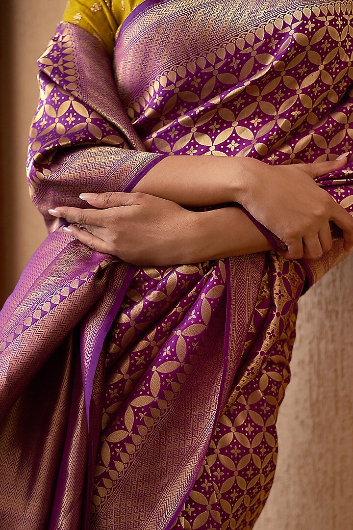 Purple Pure Katan Silk Handloom Banarasi Wedding Saree by Devissha at Pernia's Pop Up Shop