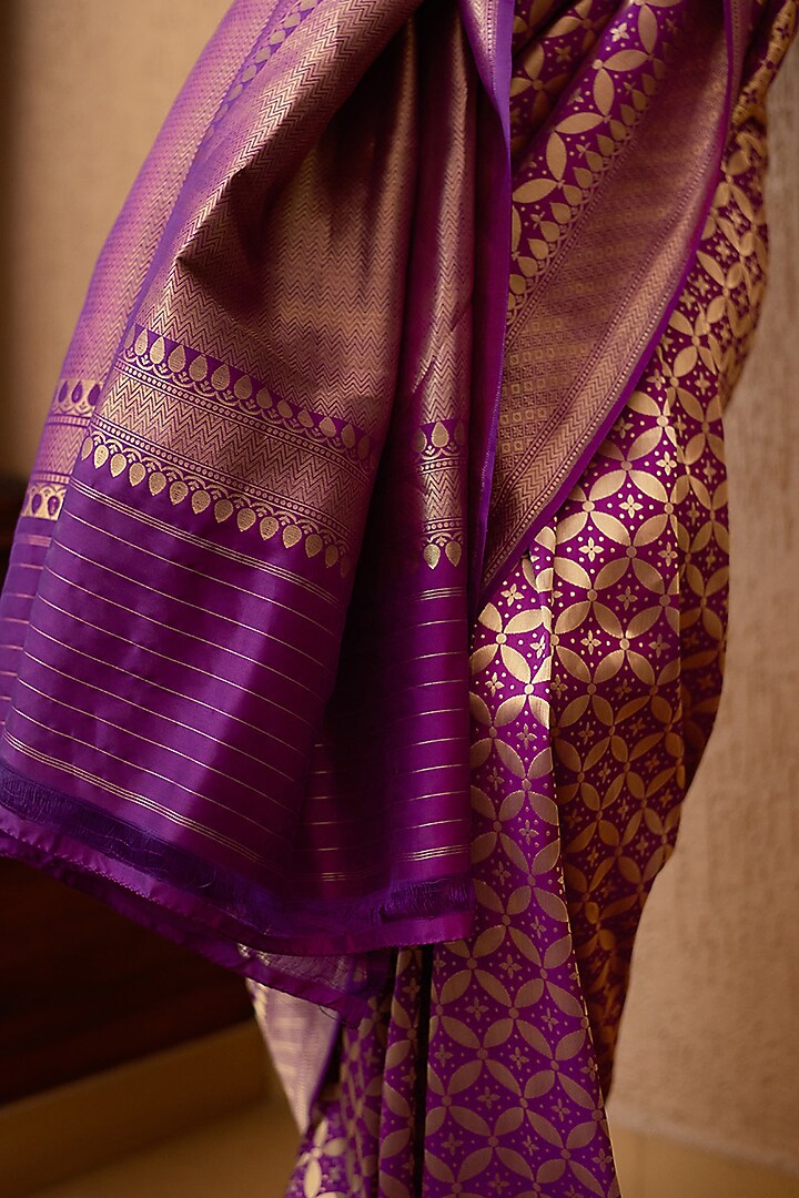 Purple Pure Katan Silk Handloom Banarasi Wedding Saree by Devissha at Pernia's Pop Up Shop