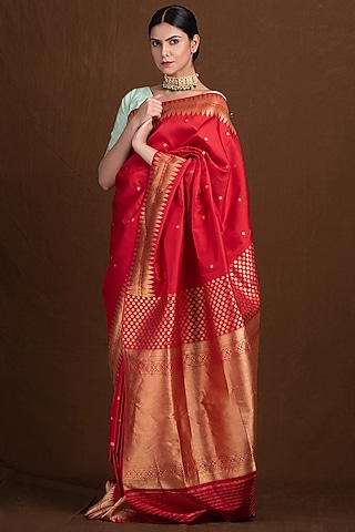 Red Pure Katan Silk Handloom Banarasi Saree by Devissha