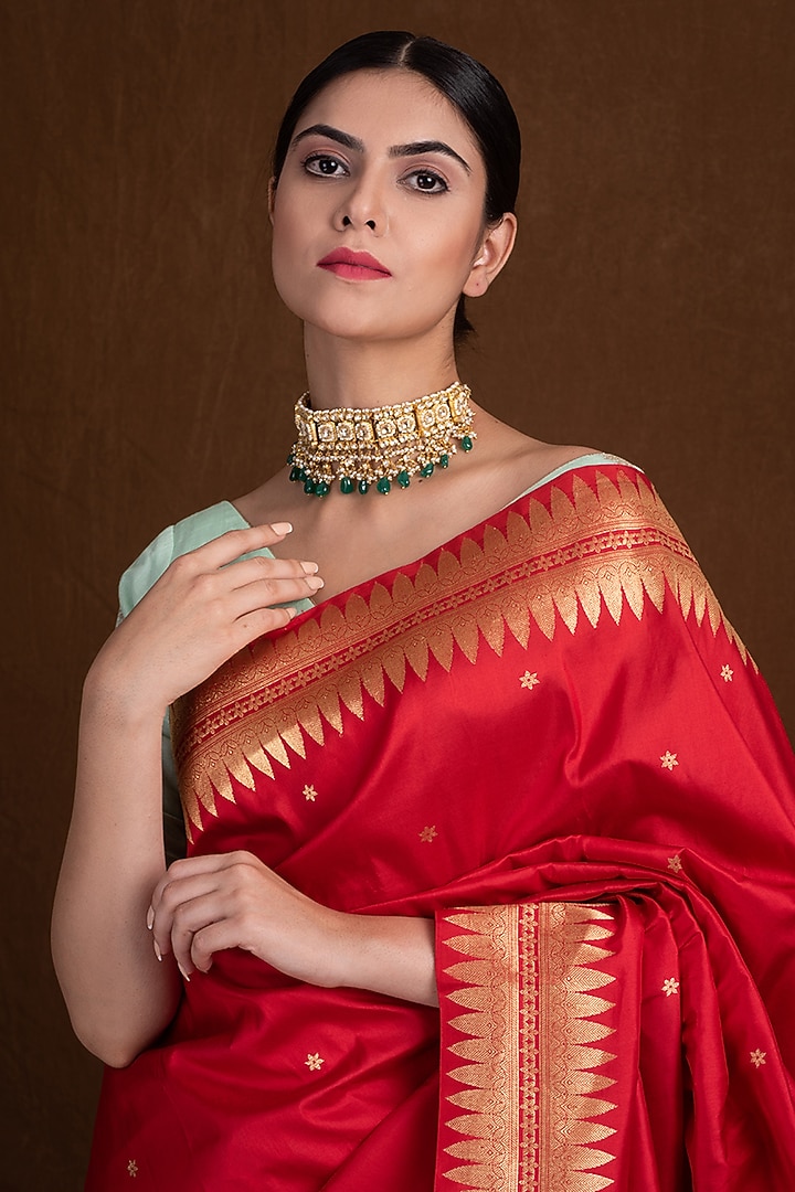 Red Pure Katan Silk Handloom Banarasi Wedding Saree by Devissha at Pernia's Pop Up Shop