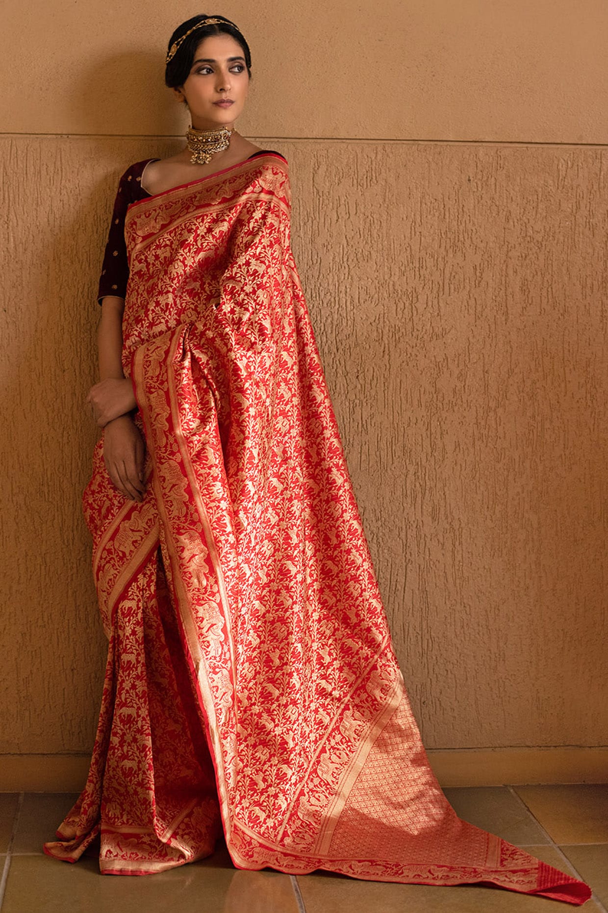 Banarasi Red Saree with Minimal Jewellery | Hair style on saree, Saree  models, Engagement looks