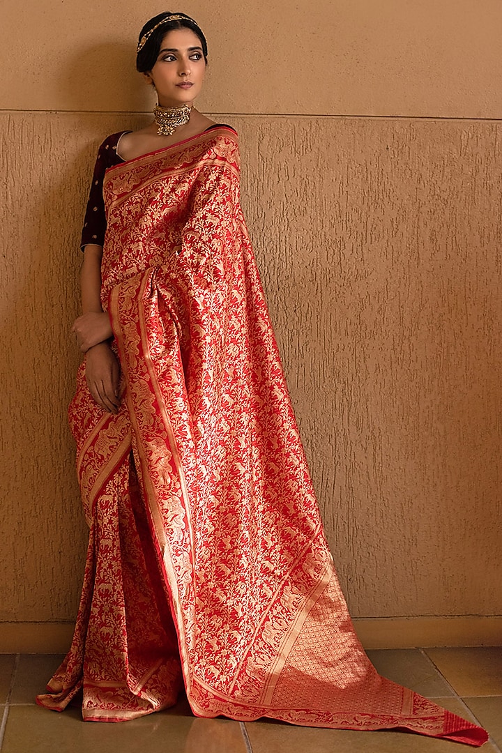 Red Pure Katan Silk Handloom Banarasi Motif Saree by Devissha