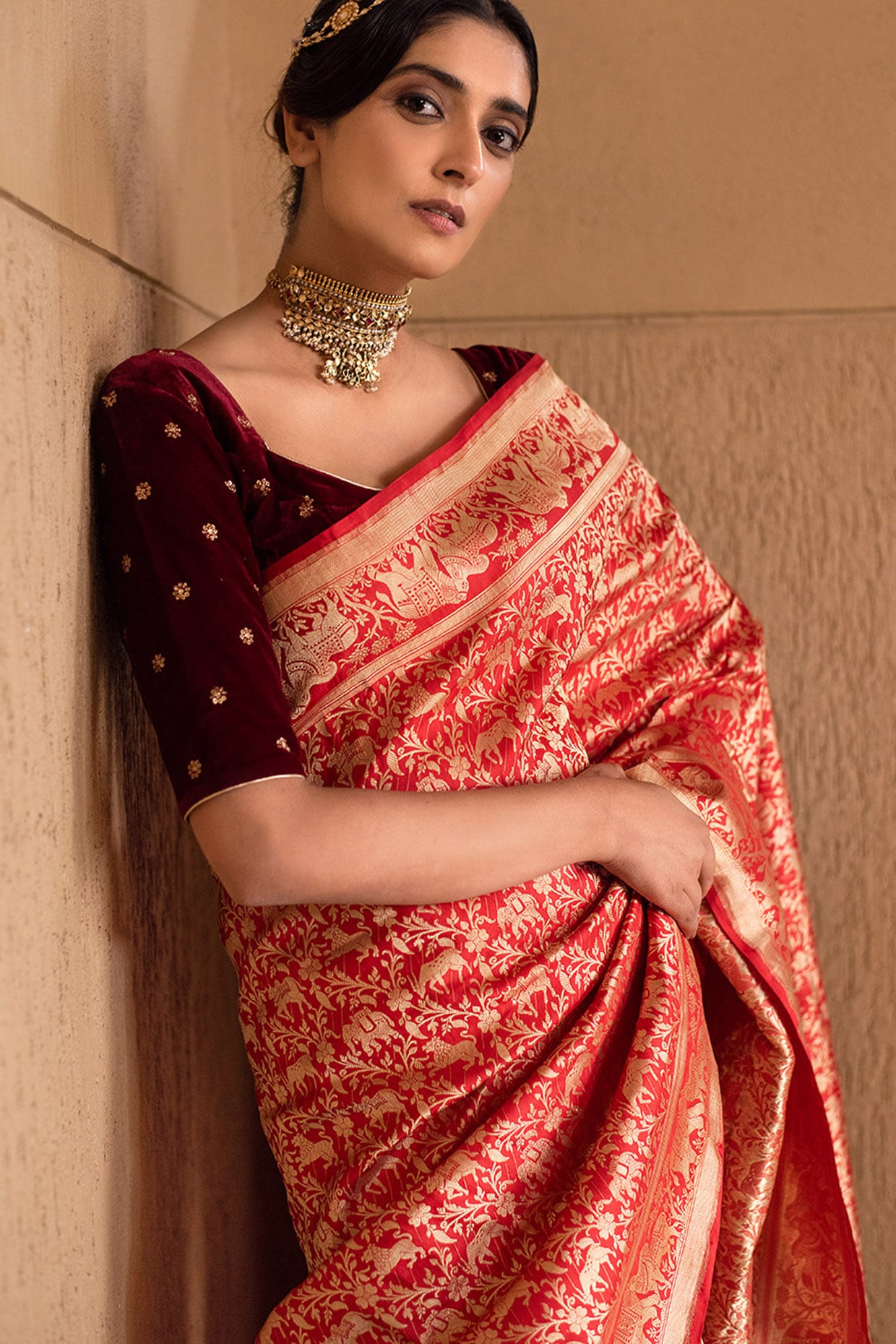 Shop Cream Tissue Chanderi Saree Online in USA with Red Saree Blouse – Pure  Elegance