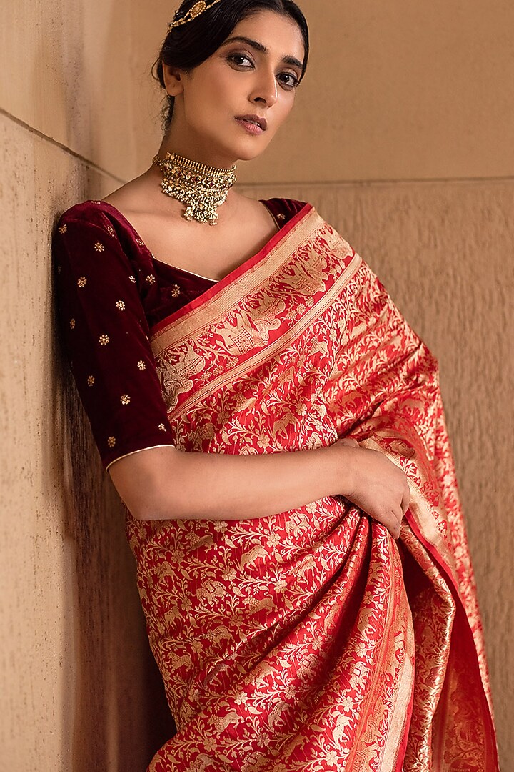 Red Pure Katan Silk Handloom Banarasi Motif Wedding Saree by Devissha at Pernia's Pop Up Shop