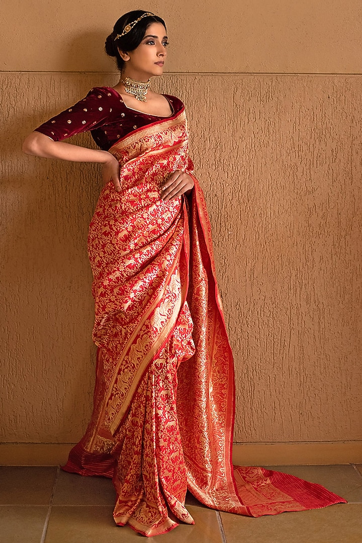Red Pure Katan Silk Handloom Banarasi Motif Wedding Saree by Devissha at Pernia's Pop Up Shop