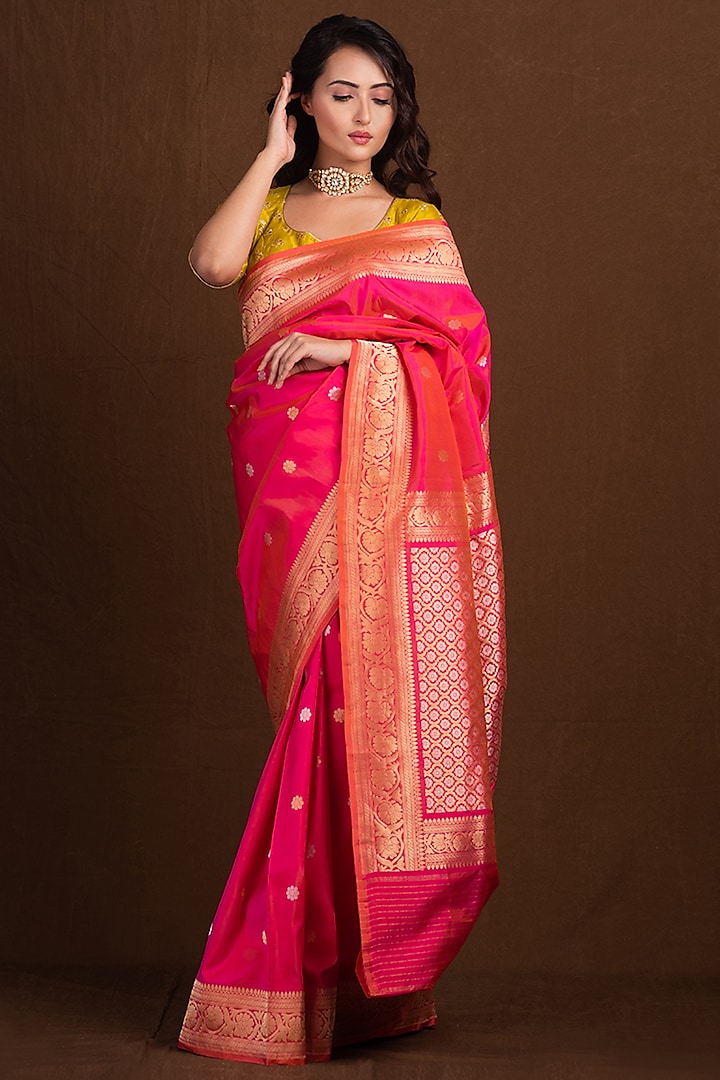 Strawberry Pink Pure Katan Silk Handloom Banarasi Saree by Devissha