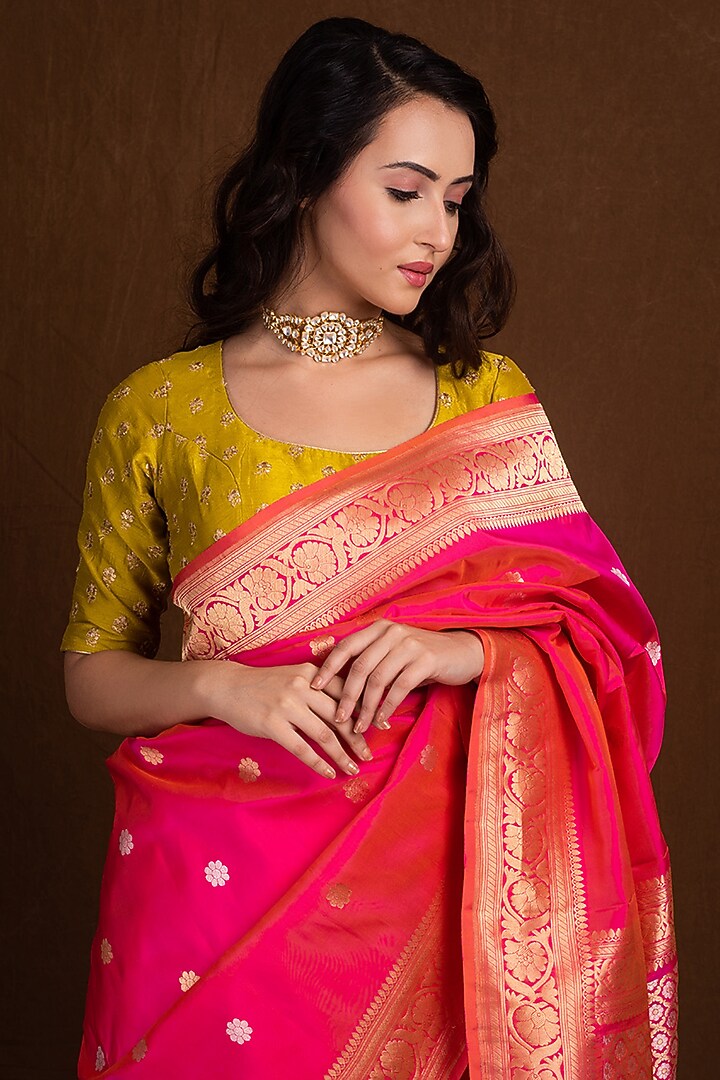 Strawberry Pink Pure Katan Silk Handloom Banarasi Wedding Saree by Devissha at Pernia's Pop Up Shop