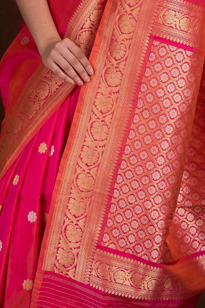 Strawberry Pink Pure Katan Silk Handloom Banarasi Wedding Saree by Devissha at Pernia's Pop Up Shop