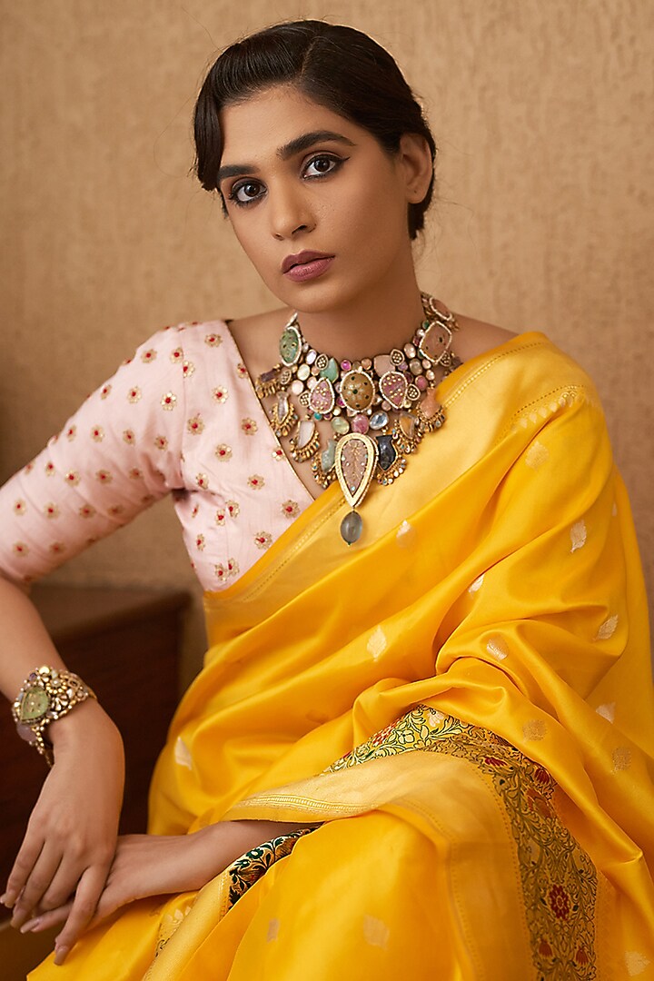 Yellow Meenakari Pure Katan Silk Handloom Banarasi Wedding Saree by Devissha at Pernia's Pop Up Shop